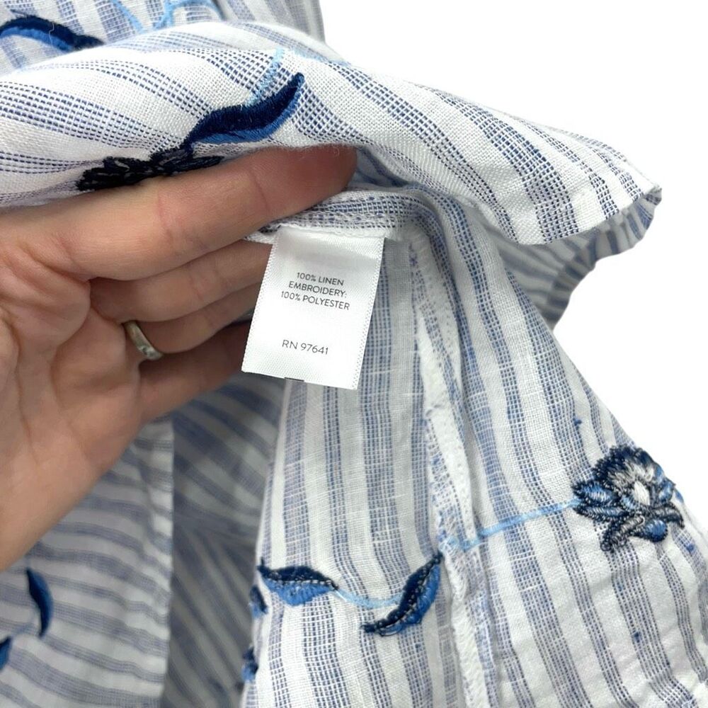 J. Jill 100% linen embroidered floral striped popover shirt top size M blue - Picture 8 of 8